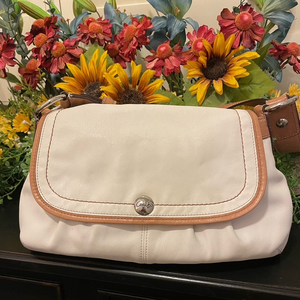 Coach Cream and Brown Flap Bag with magnetic closure